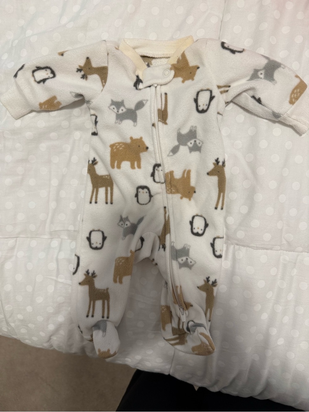 Baby Fleece Footed One-Piece in Cream with Animal Print